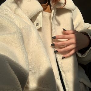 Cream Sherpa Jacket with Pockets and pleather detailing